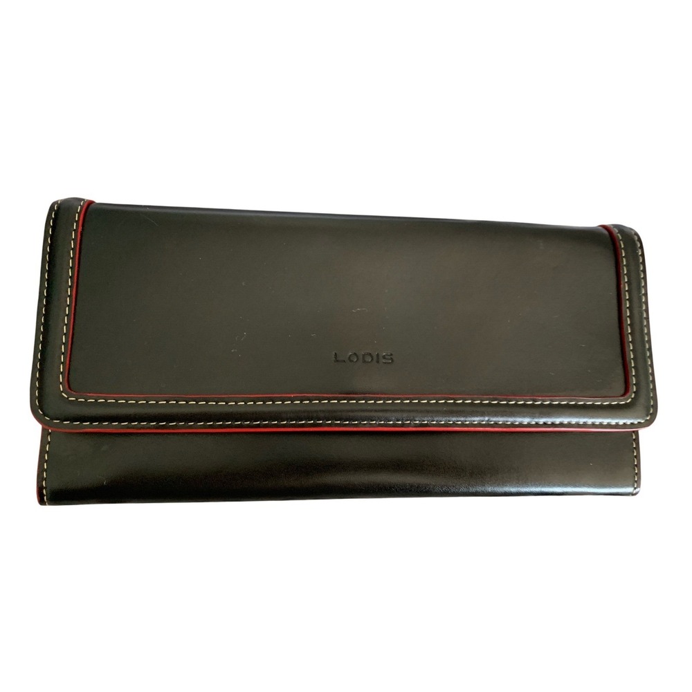 Lodis Black Leather Checkbook Wallet Red Interior Organizer Clutch Womens